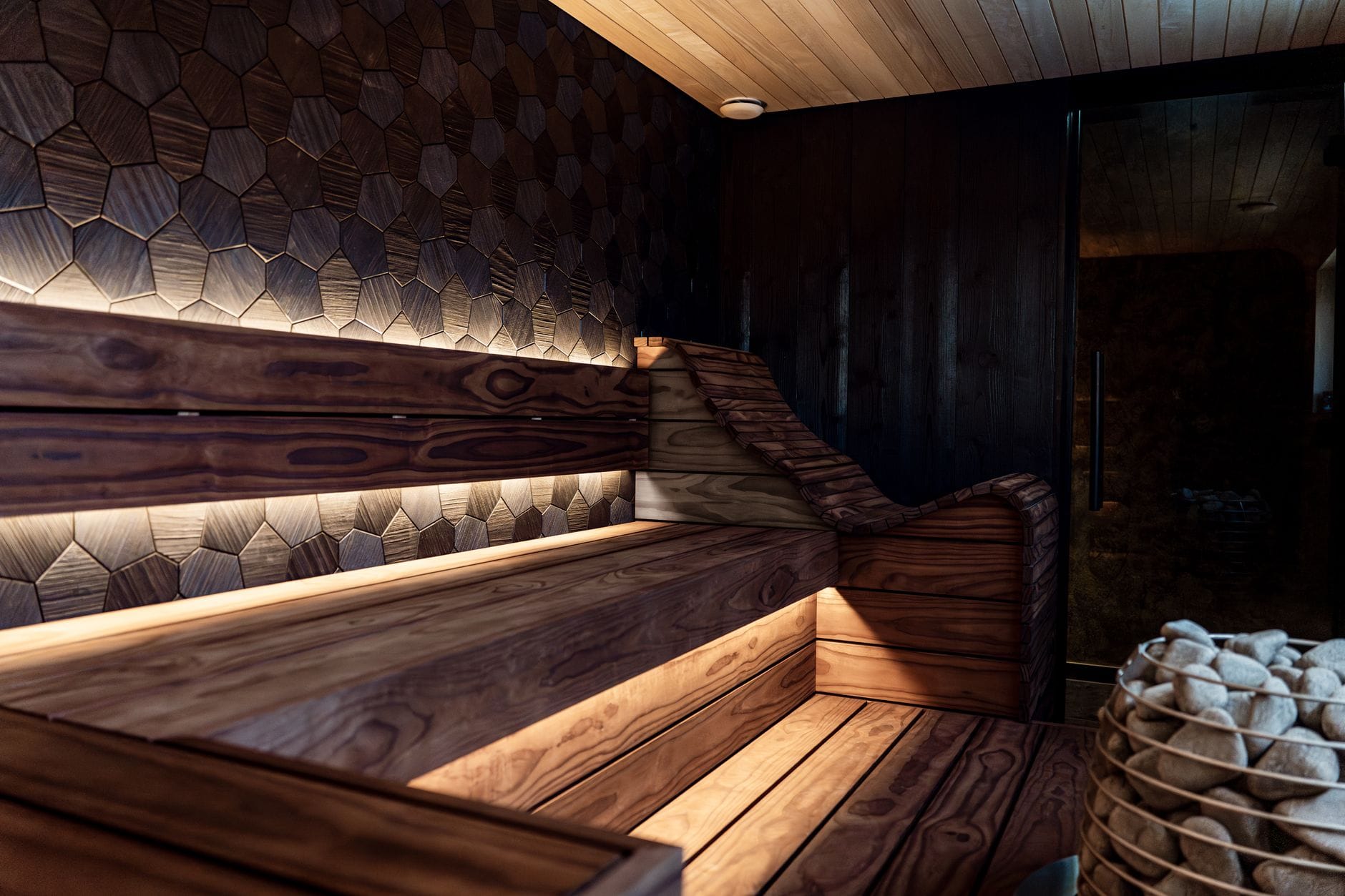 Nowoczesna sauna infrared z drewnianymi ławkami i podświetleniem LED